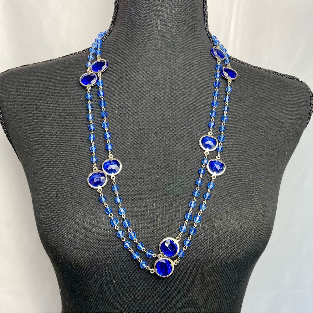 Vintage Cobalt Glass Sautoir Necklace Silver Tone, Fold-Over Clasp